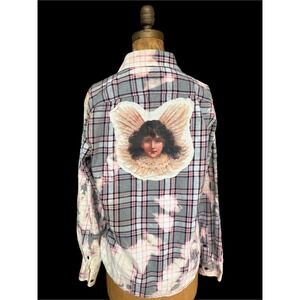 Upcycled Angel Flannel Bleach Dye Folk Art Shirt Cottagecore Boho Med. Slim fit